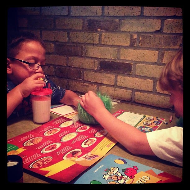 Dinner after an incredible day. Playing with their new Puffle Friends :-)